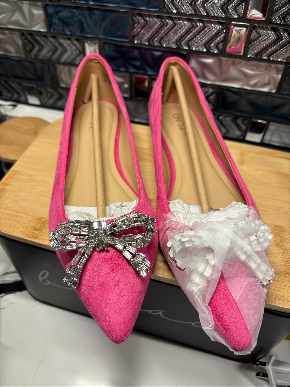 Hot Pink Pointed-Toe Flats with Crystal Bow Accent - Picture 2 of 7